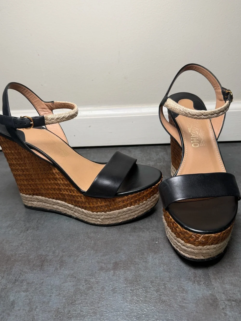 Salvatore Ferragamo Black Leather Espadrilles Wedge Sandal with Rope Ankle Strap
